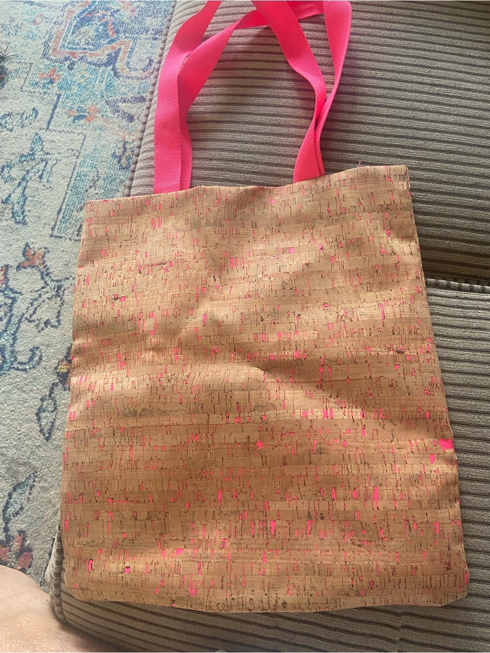 Neutral Cork Tote with Bright Pink Handles